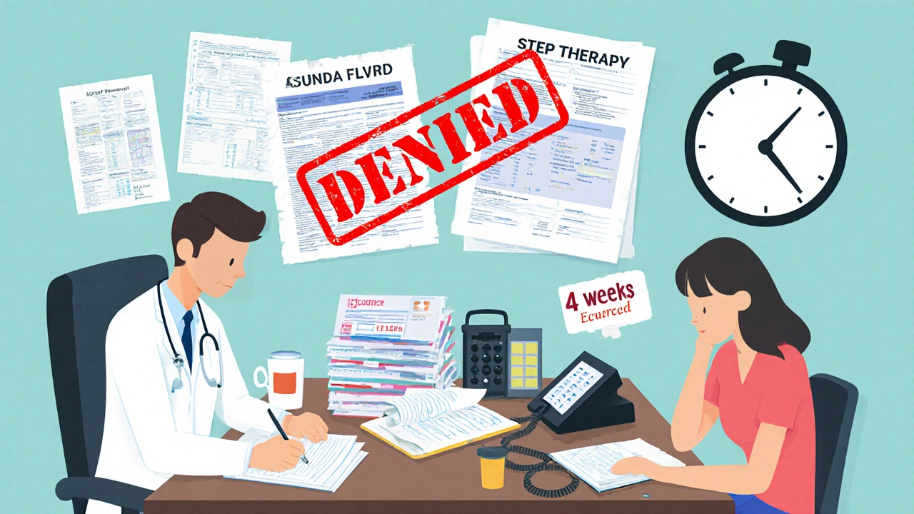 Doctor writing exception letter surrounded by medical records while patient waits anxiously.