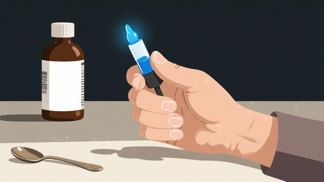Elderly person using a color-changing dropper with the tip glowing blue for correct dosage.