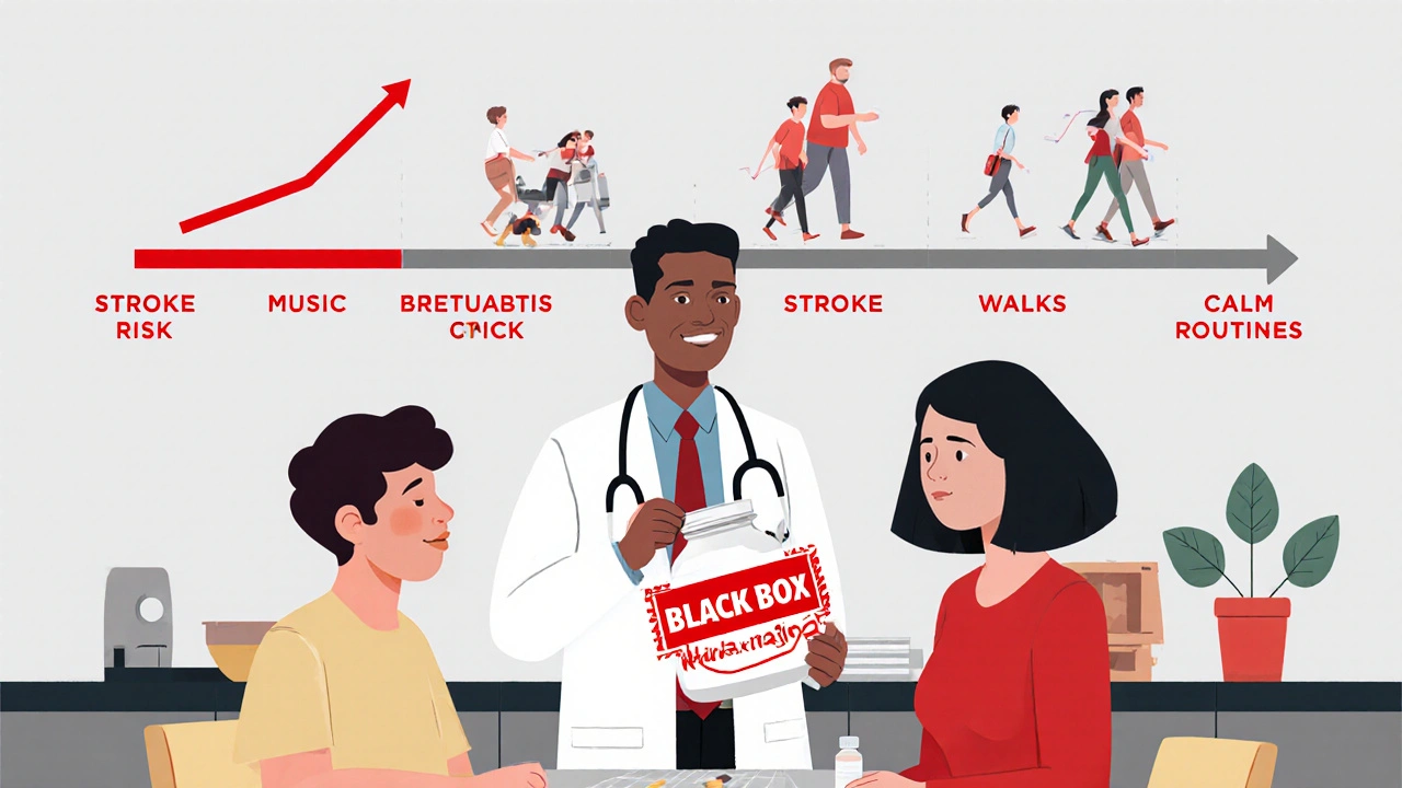 Family and doctor reviewing a black box warning on antipsychotic pills with safer alternatives shown behind.