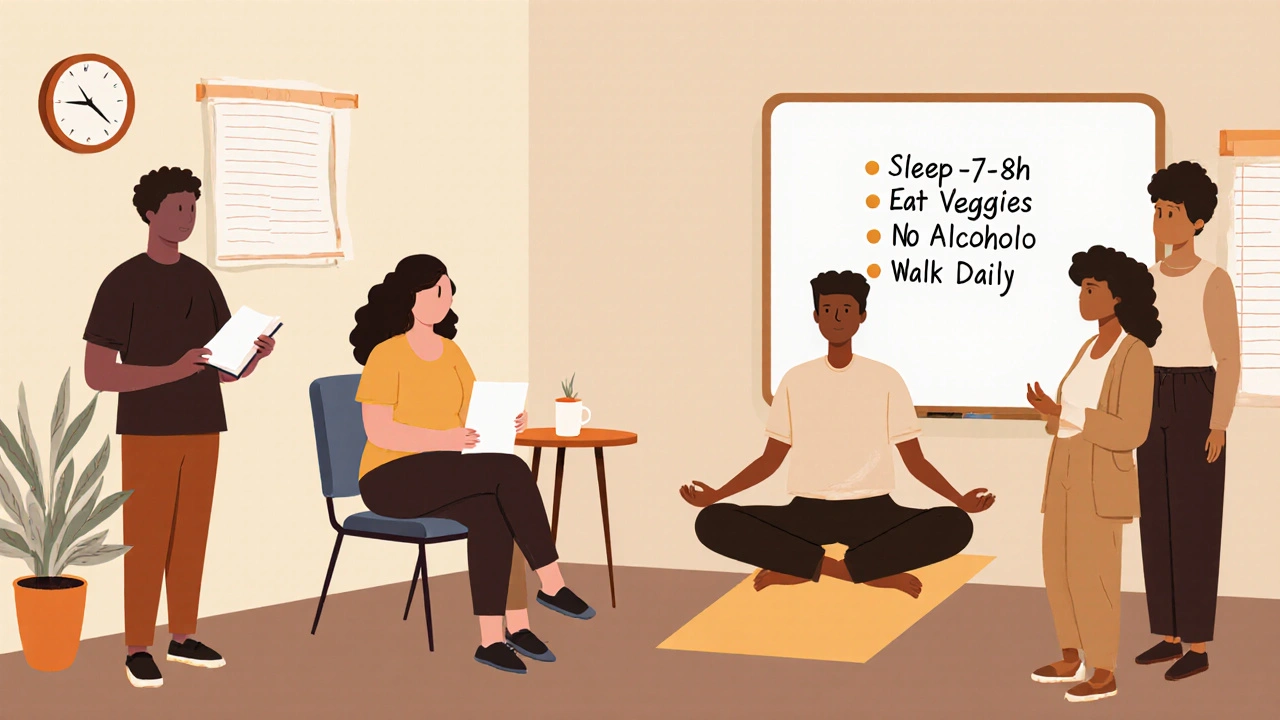 Group of people practicing healthy habits to manage ziprasidone side effects.