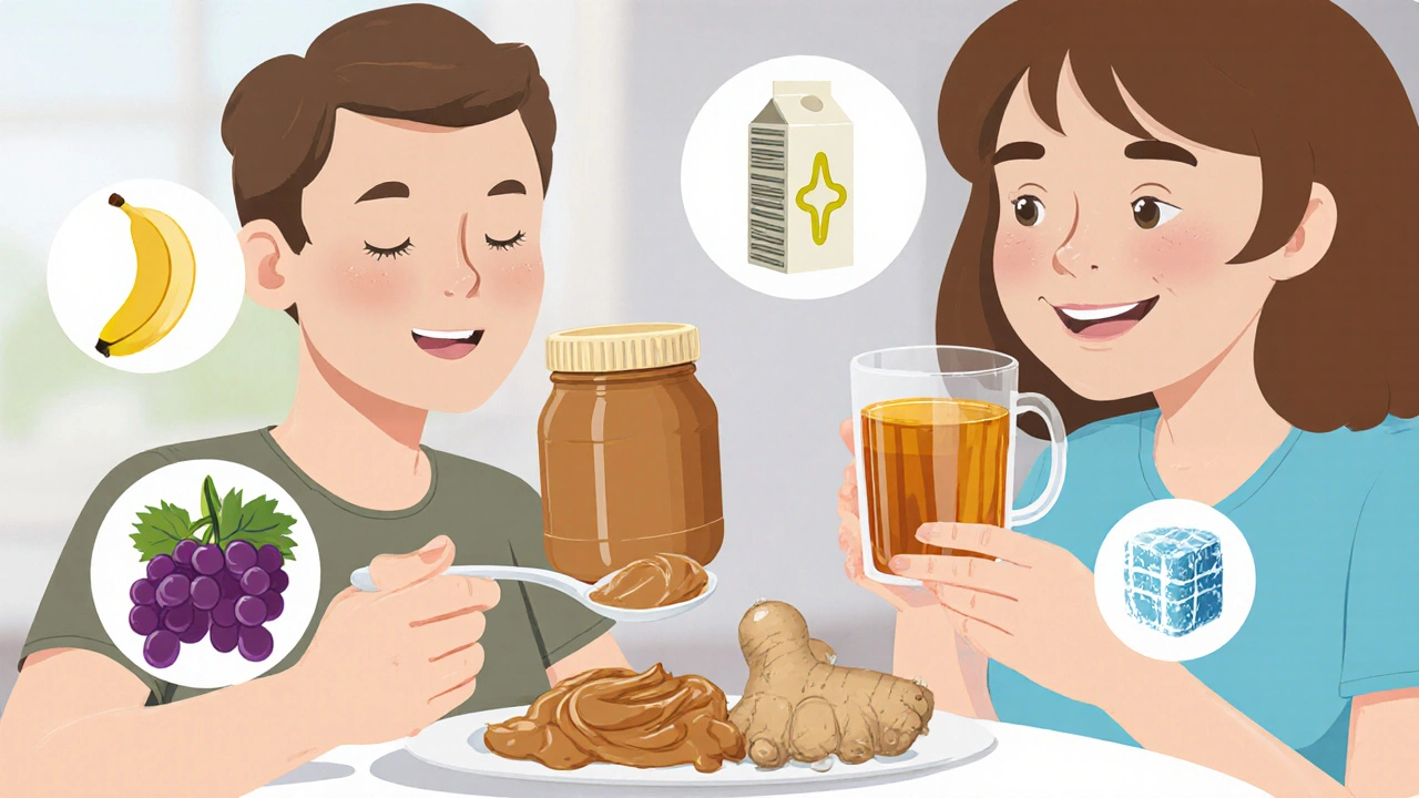 Hand scooping peanut butter with floating nutrition symbols like ginger, yogurt, and frozen grapes around the scene.