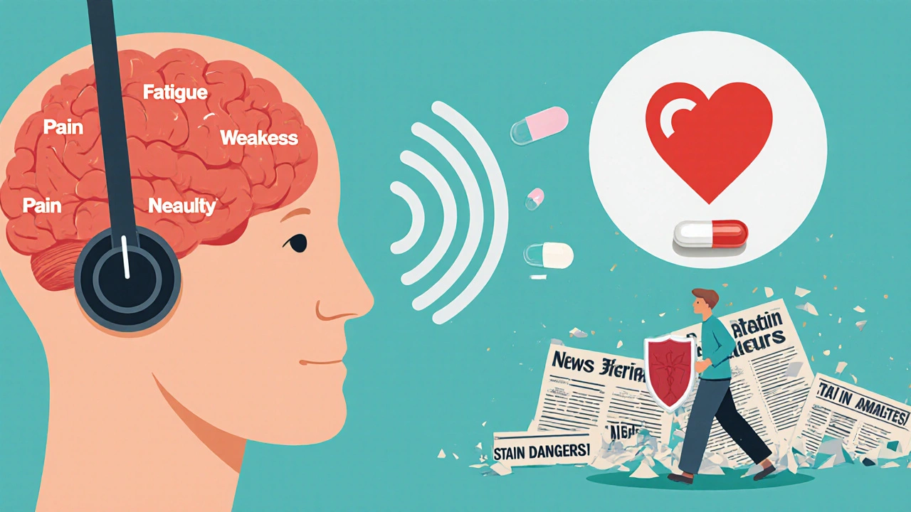 Human brain with volume knob amplifying pain signals, while a statin pill remains silent and neutral.