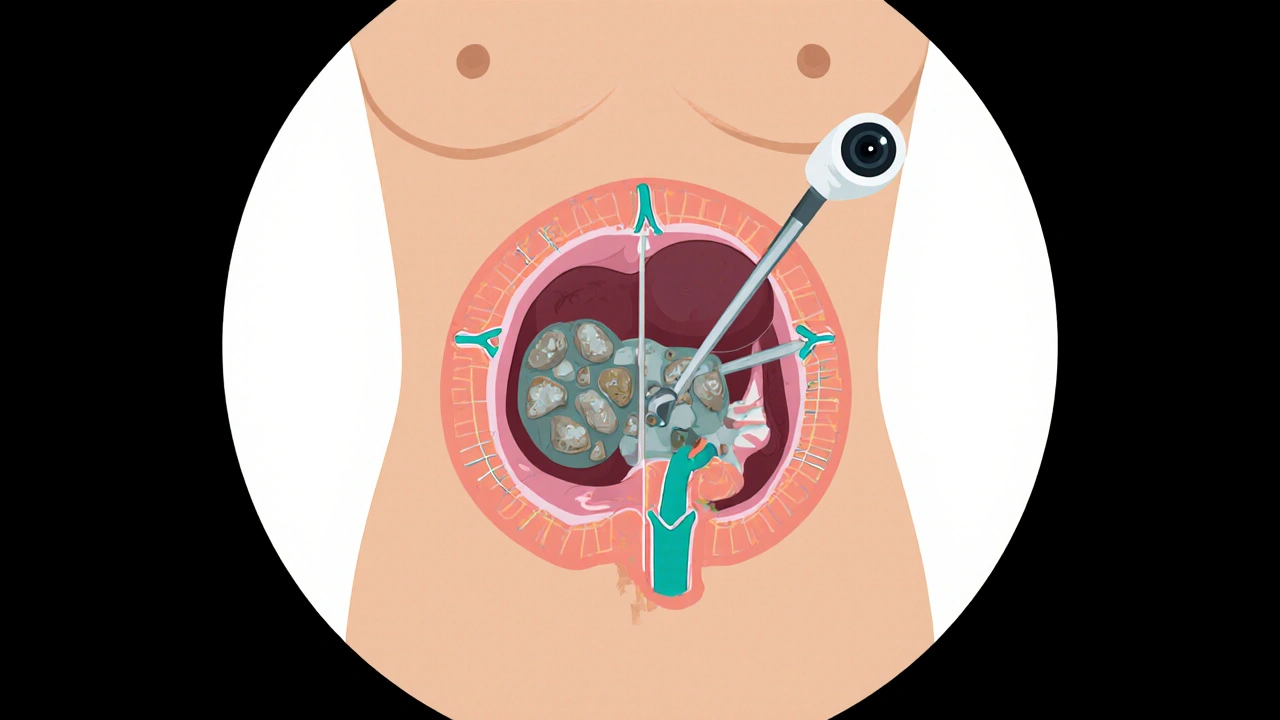 Laparoscopic surgery process with tiny tools and camera removing a gallbladder filled with stones.