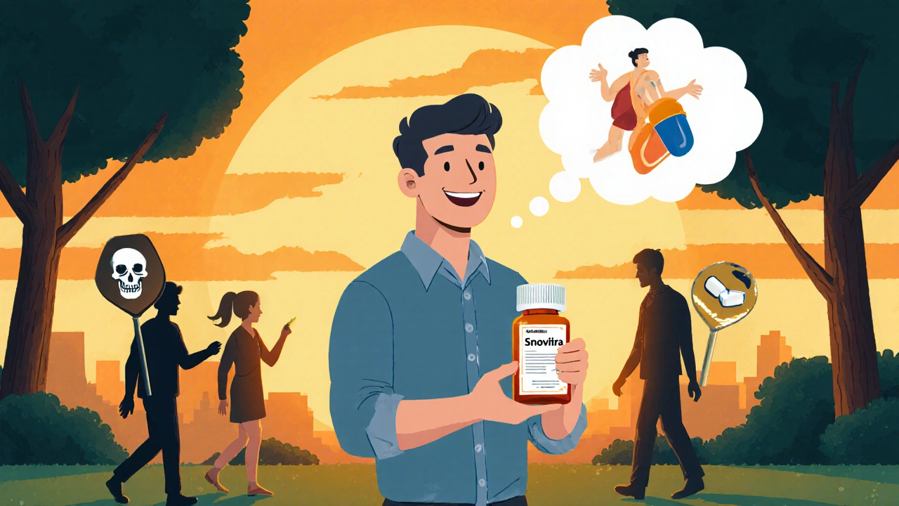 Man walking in park with Snovitra bottle, positive thought bubble, counterfeit pills fading