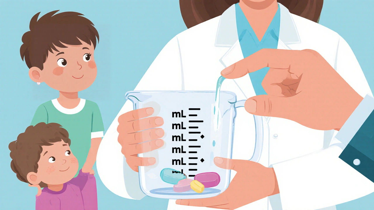 Measuring cup with raised mL markings being used to accurately pour liquid medicine.