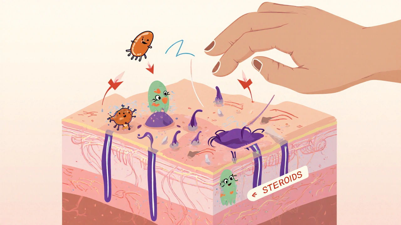 Microscopic view of skin bacteria and yeast disrupted by steroids in stylized illustration.