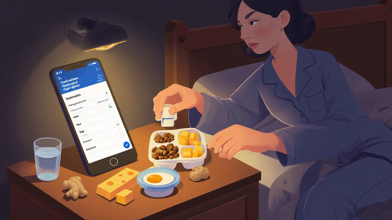 Nighttime scene of patient reaching for pre-portioned snacks on nightstand, with nutrition app visible on phone.