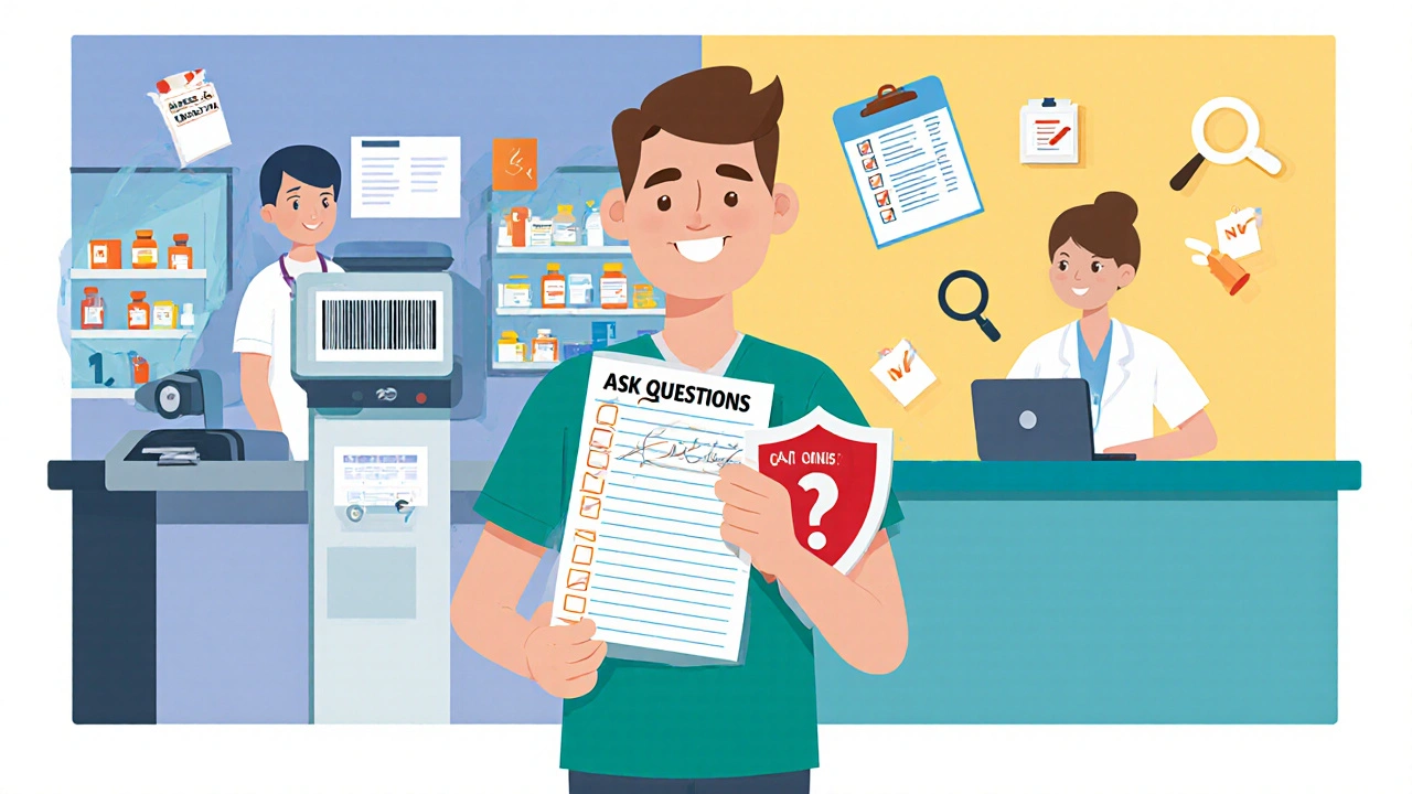 Patient holding medication list with safety checks on one side and no checks on the other, symbolizing personal vigilance.
