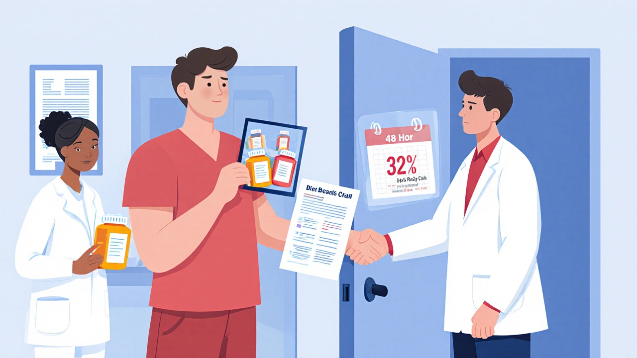 Patient holding pill photos at clinic door as staff collaborate on safe care