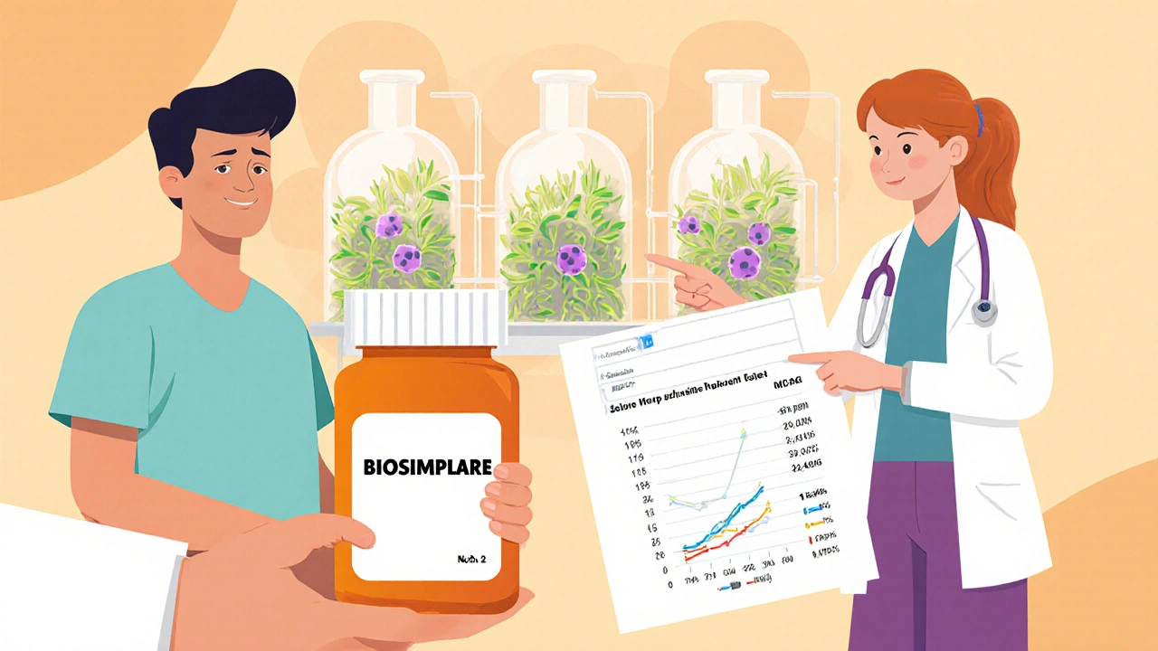 Patient receiving biosimilar medication with doctor and pharmacist confirming safety data