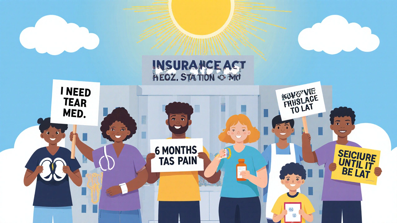 Patients holding signs demanding access to medications outside insurance building.