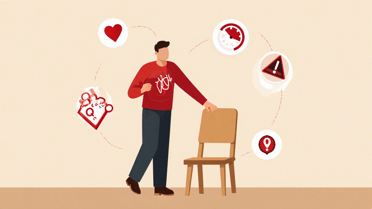 Person standing slowly with heart icon showing QT prolongation and metabolic risk symbols.