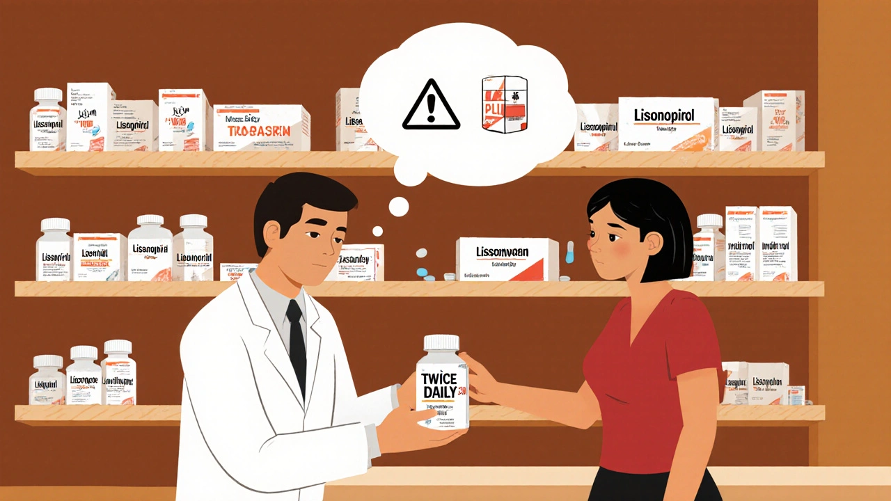 Pharmacist handing a mislabeled pill bottle to a customer in a retail pharmacy with similar drug names on shelves.