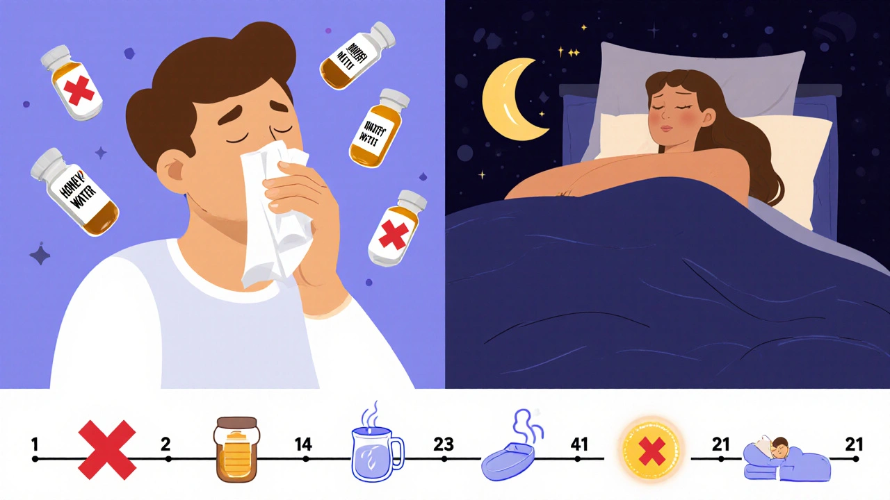 Split scene showing harmful antibiotics vs. helpful rest and honey for cough.