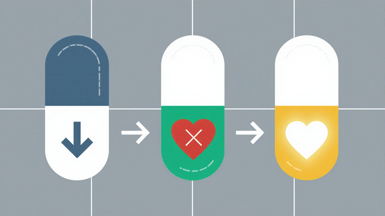 Three medication icons compared by their effect on libido: buspirone, SSRI, and bupropion, using arrows and hearts.