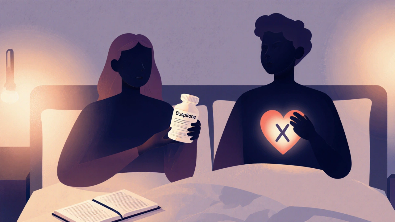 Two figures in a bedroom, one holding a buspirone pill, with emotional distance symbolized by a faded heart.