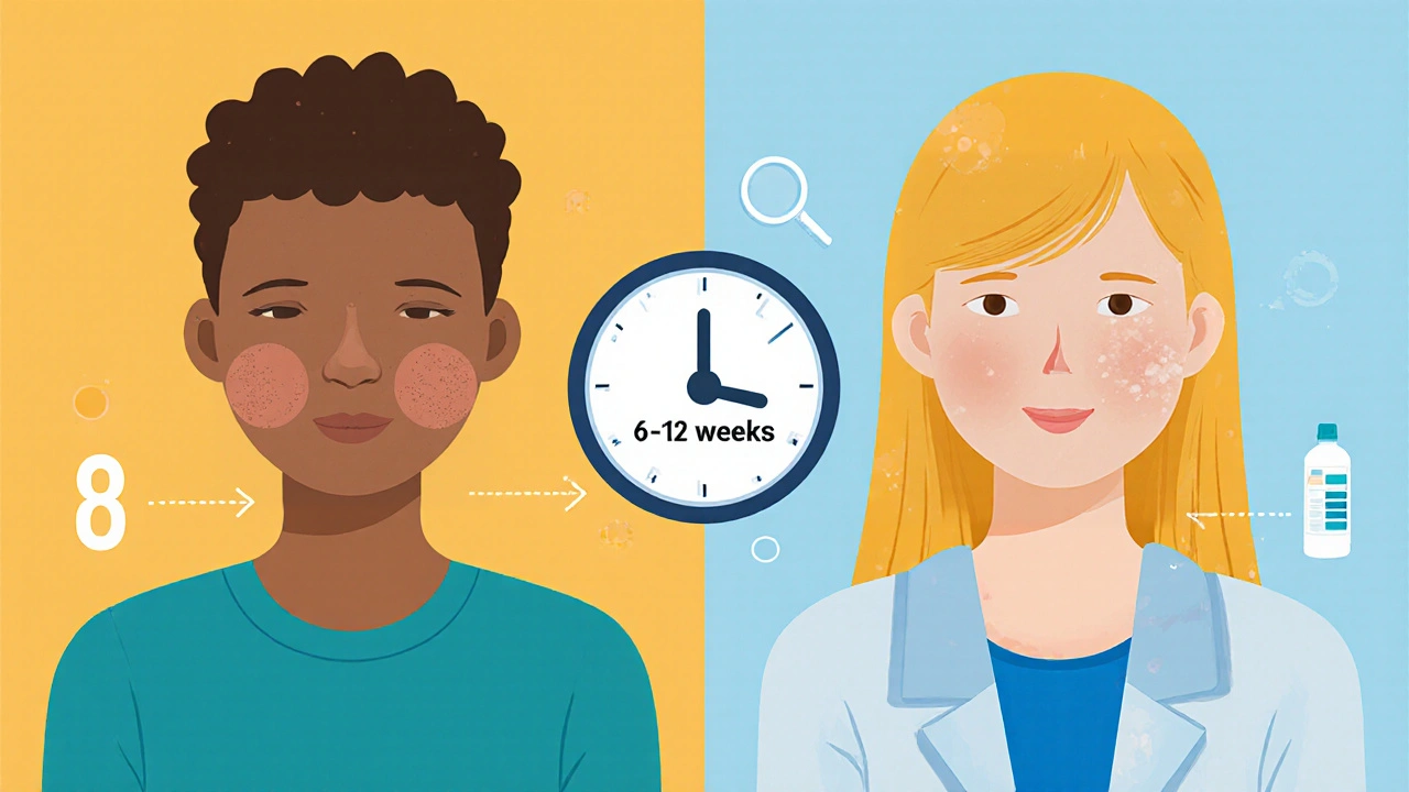 Two timelines showing steroid acne worsening versus improving with treatment.