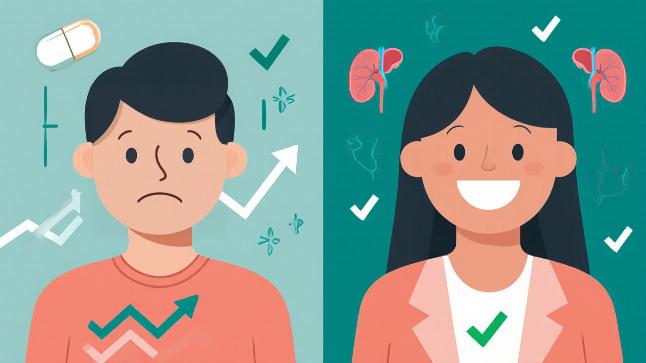 Two versions of a person: one with rising blood sugar on atorvastatin, another stable on pitavastatin.