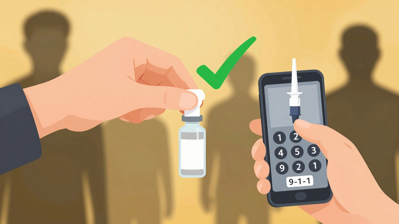 A hand testing a drug sample for fentanyl while another dials 9-1-1 and holds naloxone, symbolizing prevention and action.