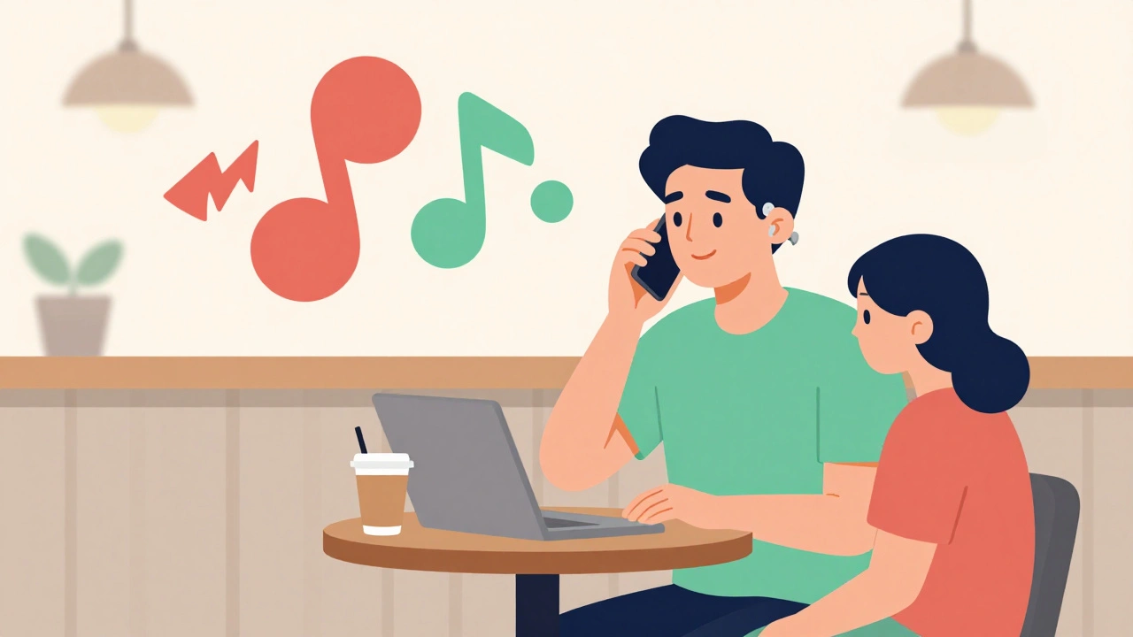 A person in a coffee shop experiencing clear sound amid background chatter.