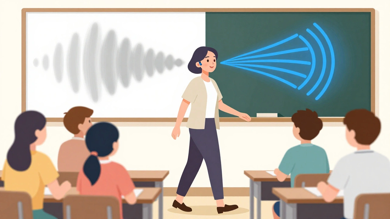 A teacher walking in a classroom with clear sound waves replacing muffled noise.