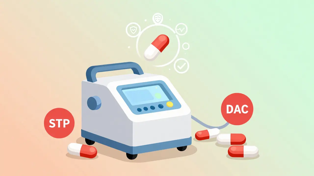 Apixaban pill safely above dialysis machine, other blood thinners marked with stop signs.