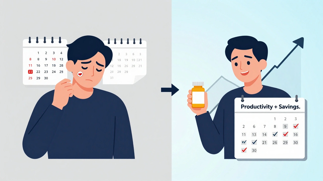 Before-and-after scene of employee saving money and improving adherence with generic medication.