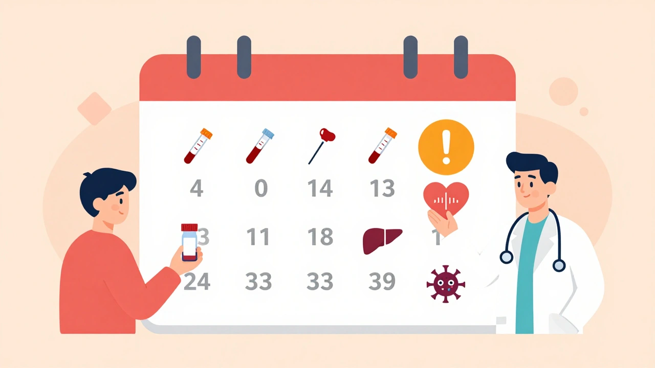 Calendar showing blood test schedule for JAK inhibitor patients with medical icons and warning symbols