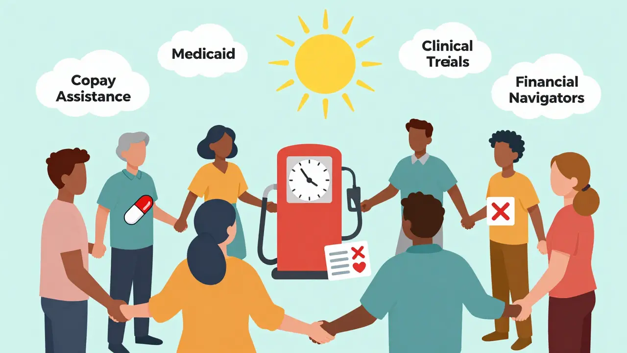 Cancer patients united under symbols of financial support and hope.