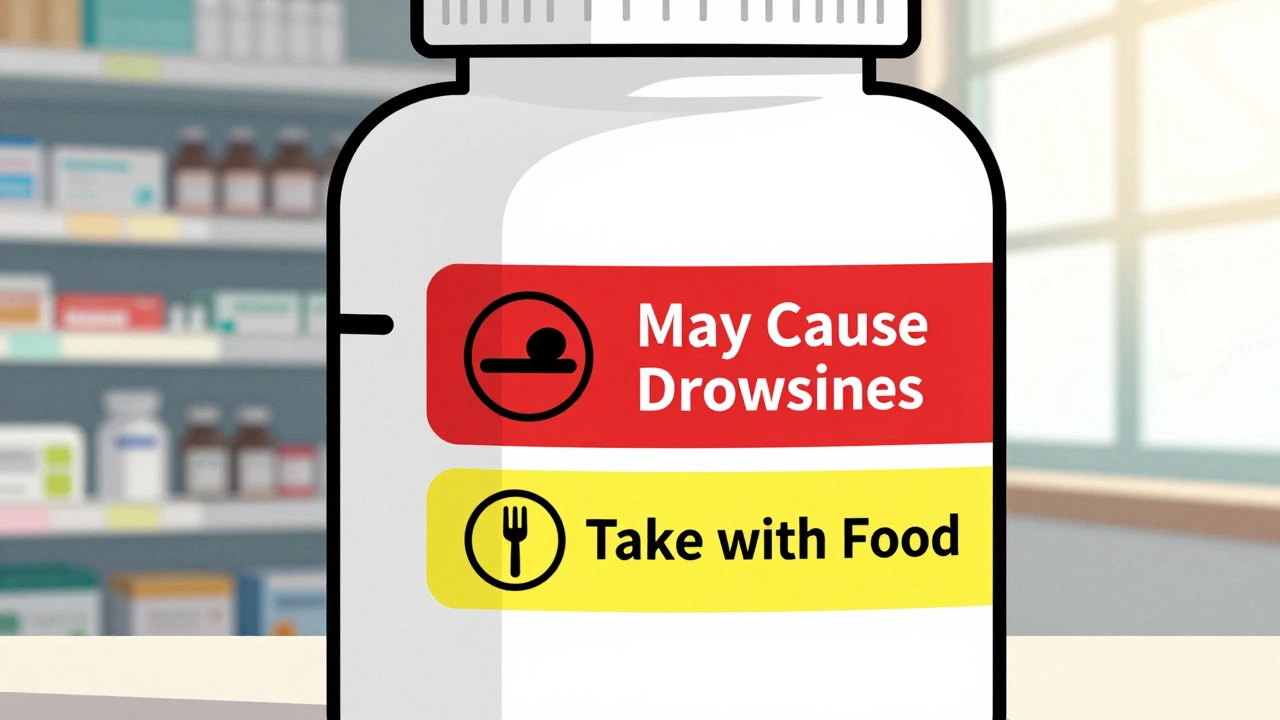 Close-up of a pill bottle with horizontal and vertical auxiliary labels featuring icons for drowsiness and food instructions.
