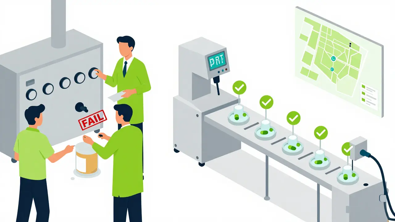 Comparison of chaotic traditional manufacturing vs. streamlined QbD process with real-time monitoring.