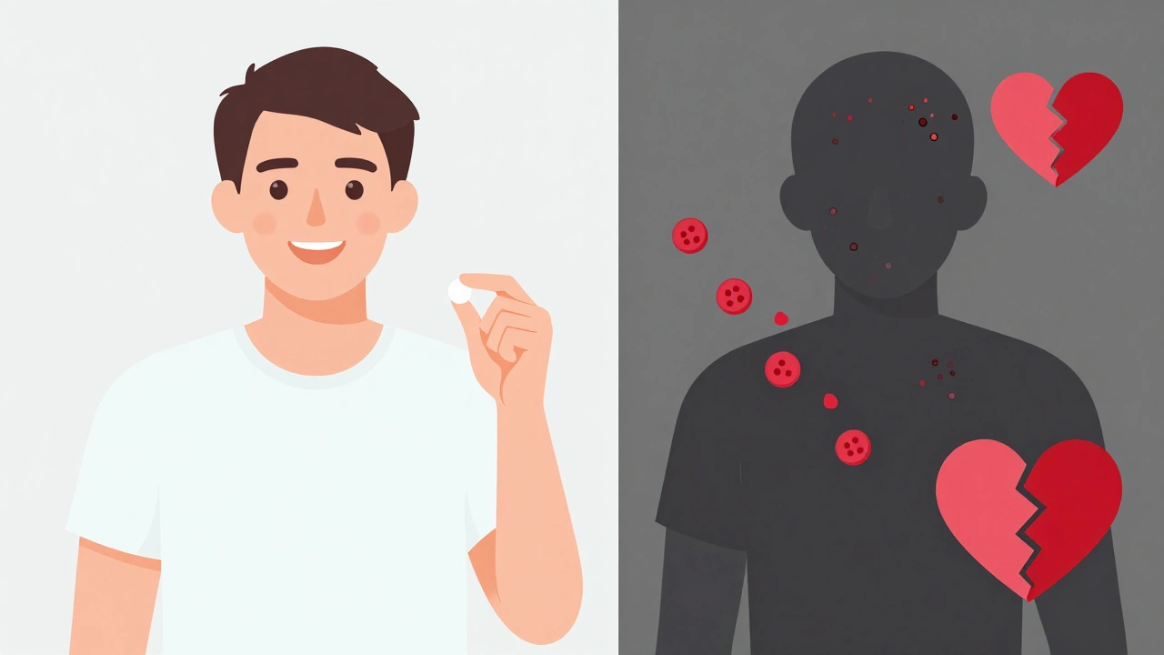 Contrasting figures: one thriving with hair and skin improvement, another showing side effects like shingles and low blood cells
