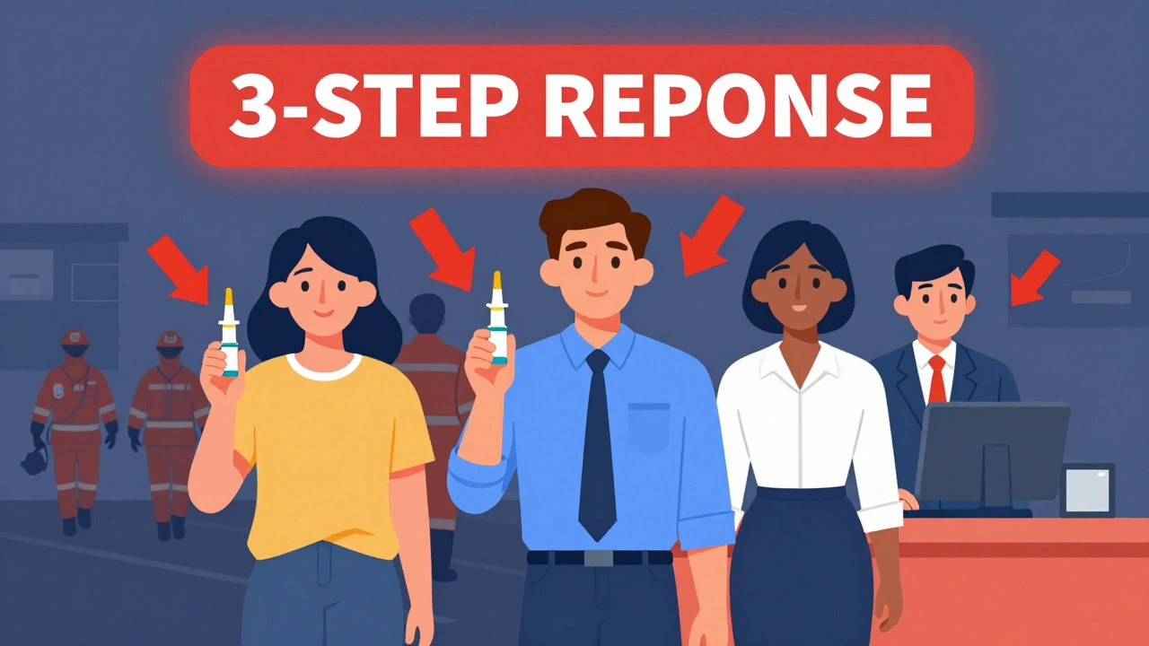 Diverse individuals holding naloxone spray devices, with emergency responders approaching in the background.