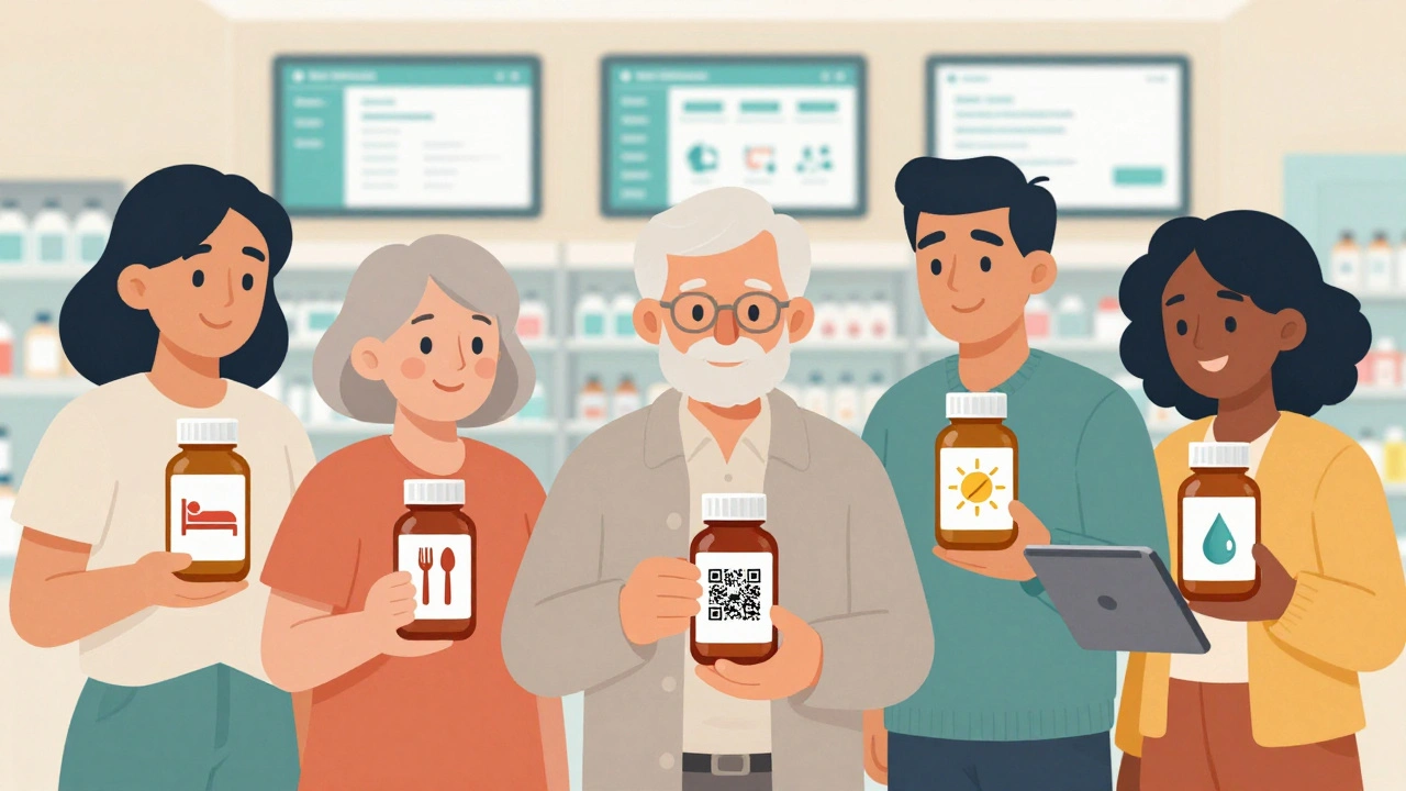 Diverse people holding medicine bottles with pictogram labels and one scanning a QR code for medication info.