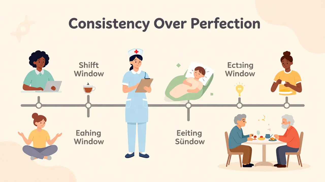 Diverse people with personalized eating schedules on a timeline, symbolizing sustainable intermittent fasting.