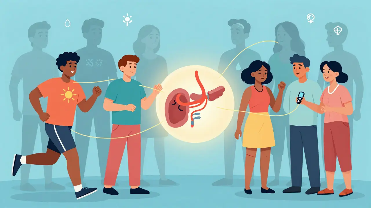 Diverse transplant recipients connected by golden threads to a glowing organ