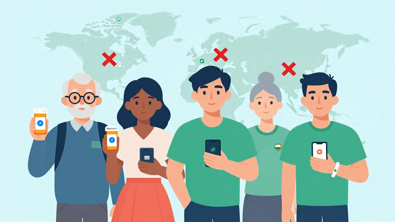 Diverse travelers using medication apps with world map showing banned drugs in red and safe pharmacies in green.