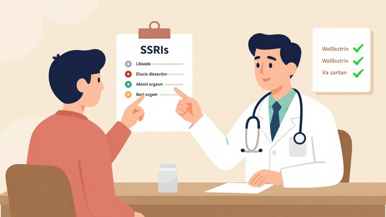 Doctor and patient discussing medication alternatives with visual icons