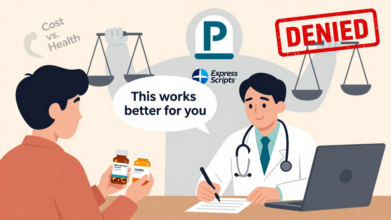 Doctor and patient discussing medication switch, with insurance denying the brand-name drug.