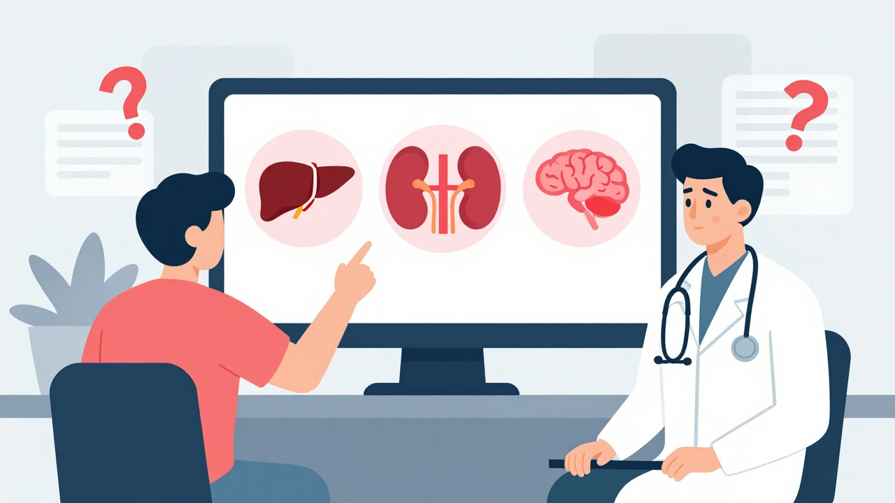 Doctor and patient in clinic, monitor showing medical warning icons, highlighting overlooked drug interactions.