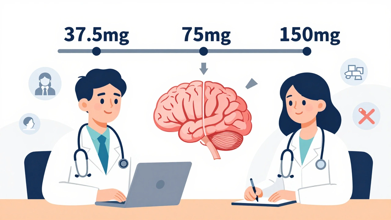 Doctor and patient reviewing SNRI dosage timeline with therapy and lifestyle icons in background.