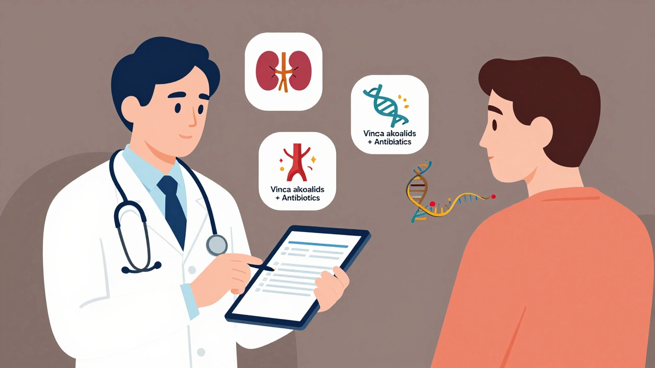 Doctor and pharmacist reviewing medication list with interaction icons