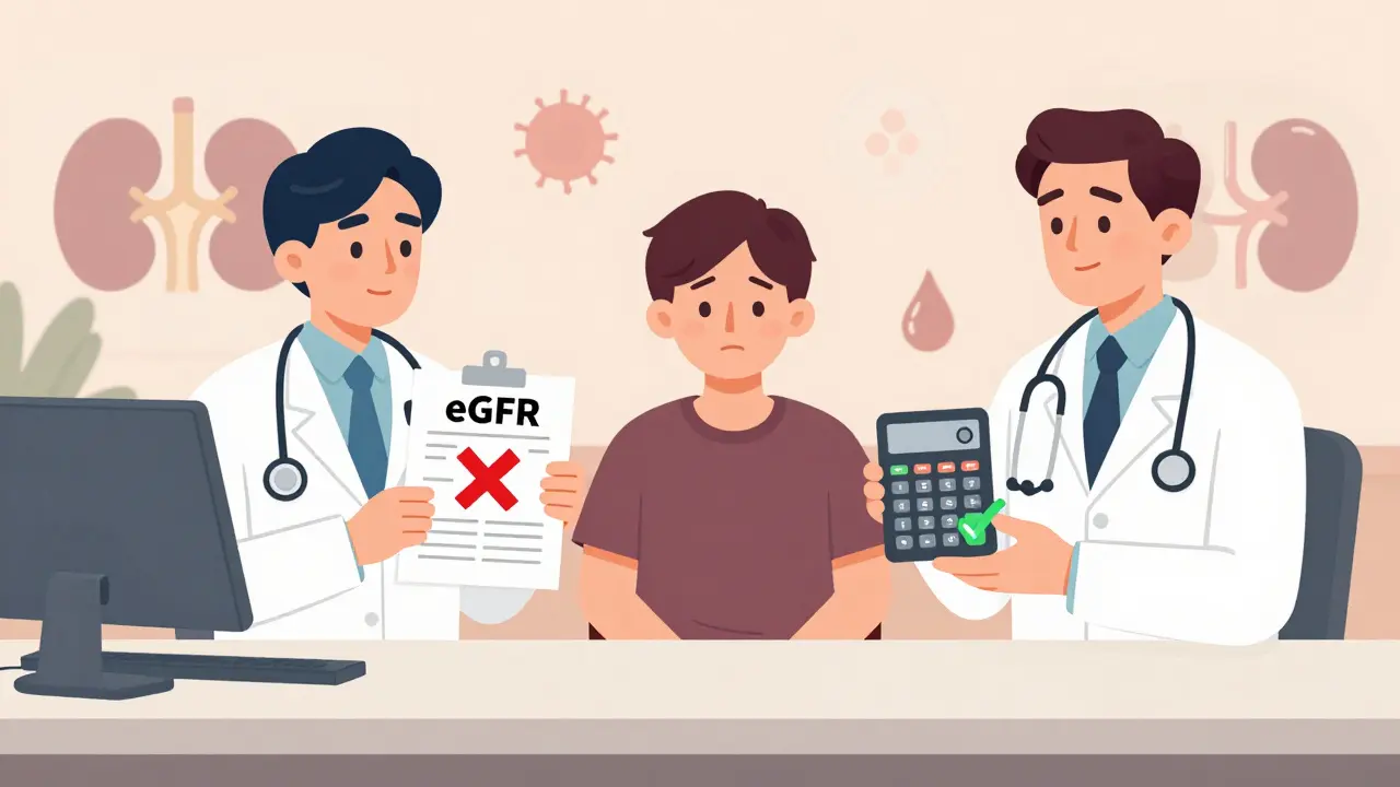 Doctor using Cockcroft-Gault formula while another incorrectly uses eGFR, patient between them.