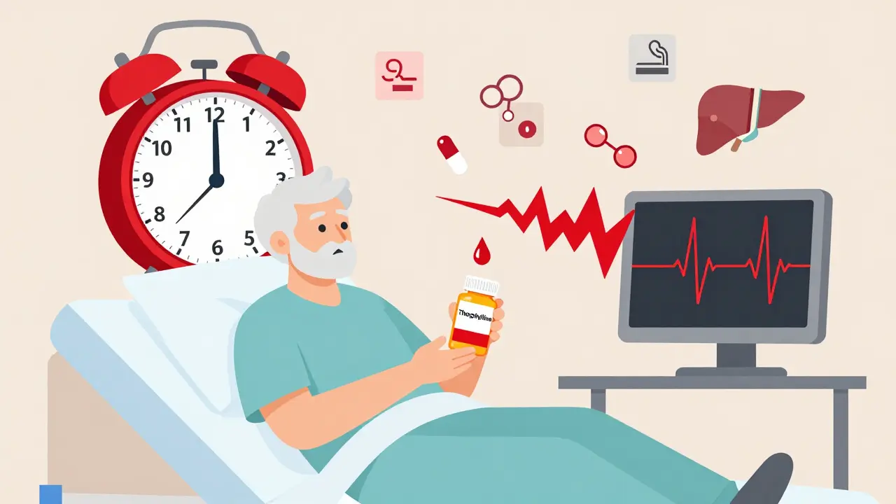 Elderly man on hospital bed with theophylline pill and ciprofloxacin causing dangerous heart spikes, surrounded by risk symbols.