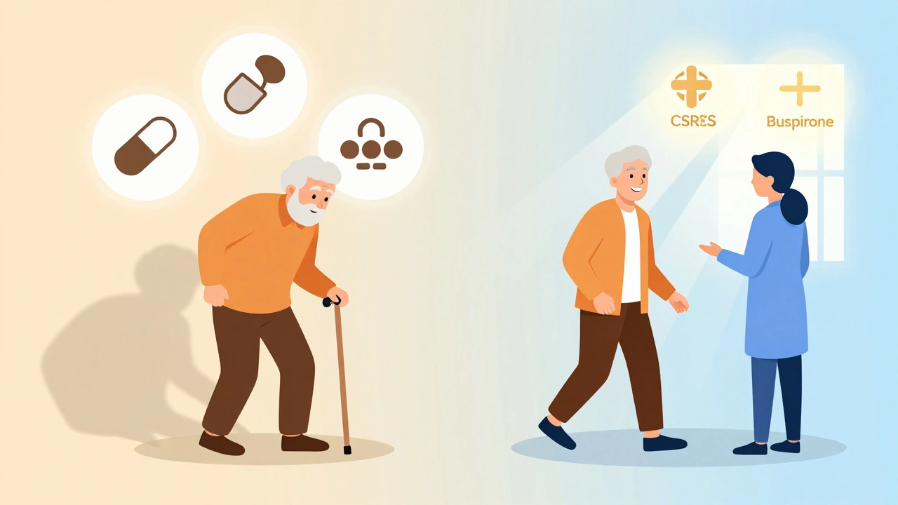 Elderly person stumbling with multiple meds vs. walking confidently with therapy and safer alternatives.