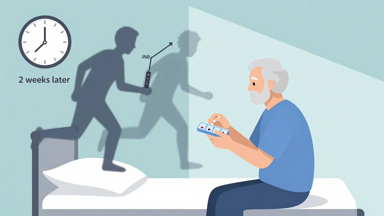 Elderly person with pill organizer, shadowy danger symbols approaching, representing delayed toxicity risks.