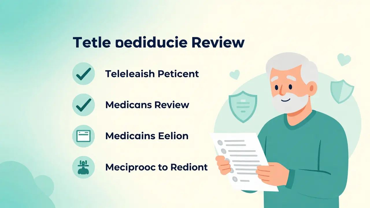 Five key questions shown as icons around person holding medication summary sheet