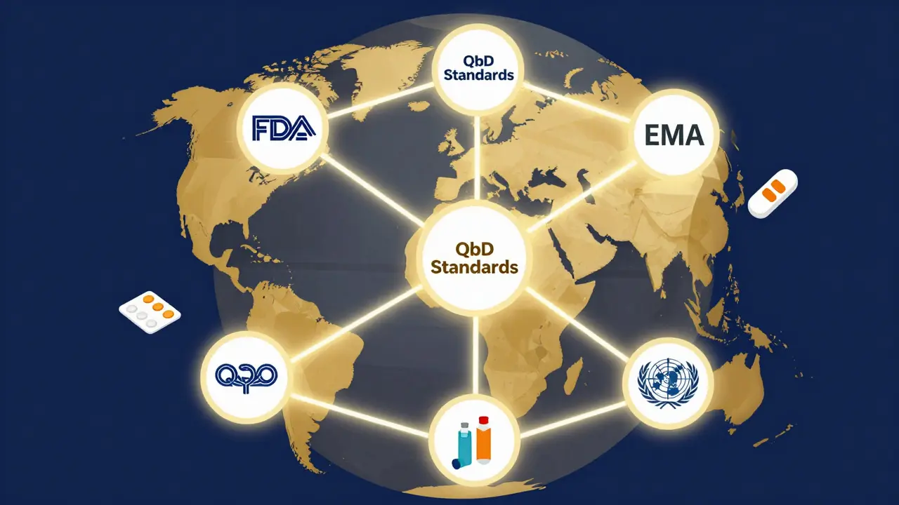 Global network of regulatory agencies and labs connected by QbD standards for generic drugs.