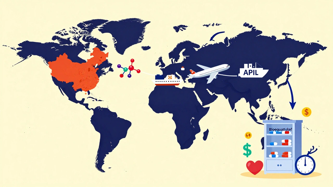 Global supply chain of generic drug ingredients from Asia to U.S. pharmacies with savings and health icons.