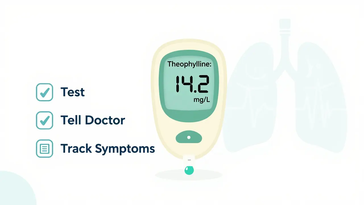Handheld device measuring theophylline from a blood drop, with patient action icons, in calm medical colors.